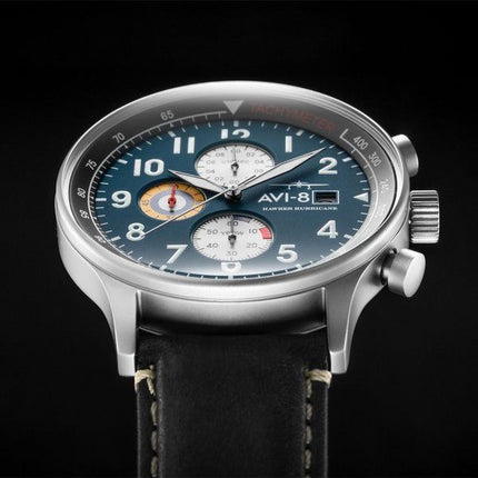 AVI-8 Hawker Hurricane Classic Chronographe Bracelet en cuir noir minuit Cadran bleu Quartz AV-4011-0I Montre pour homme