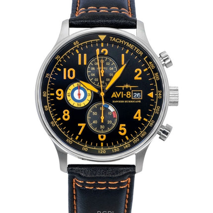 Montre homme AVI-8 Hawker Hurricane Classic Chronographe, bracelet en cuir, cadran noir, mouvement à quartz AV-4011-0Y
