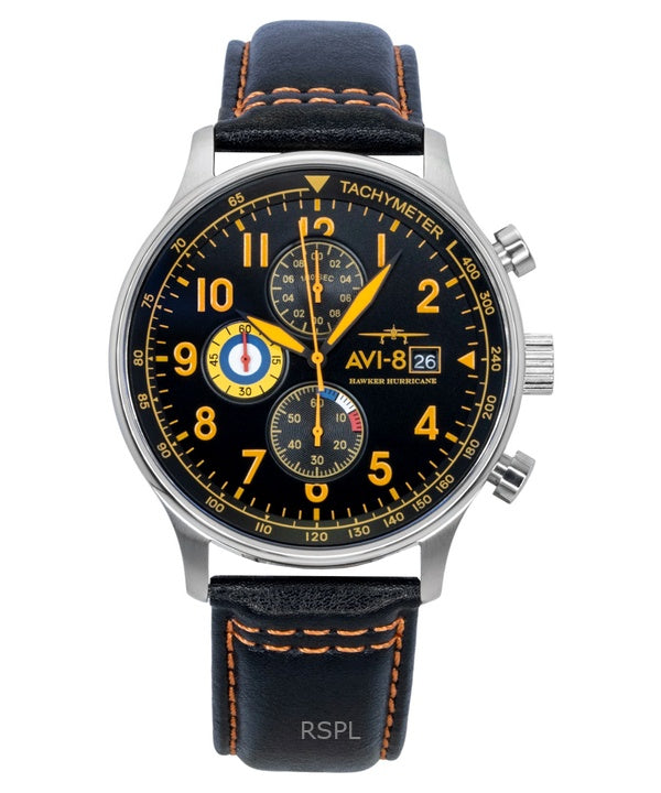 Montre homme AVI-8 Hawker Hurricane Classic Chronographe, bracelet en cuir, cadran noir, mouvement à quartz AV-4011-0Y