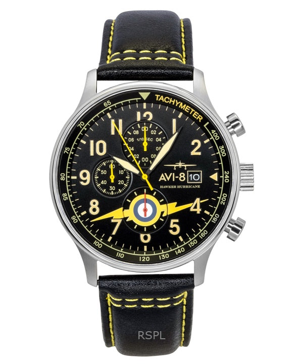 Montre homme AVI-8 Hawker Hurricane Classic Chronographe, bracelet en cuir, cadran noir, mouvement à quartz AV-4011-0Z, avec bracelet supplémentaire