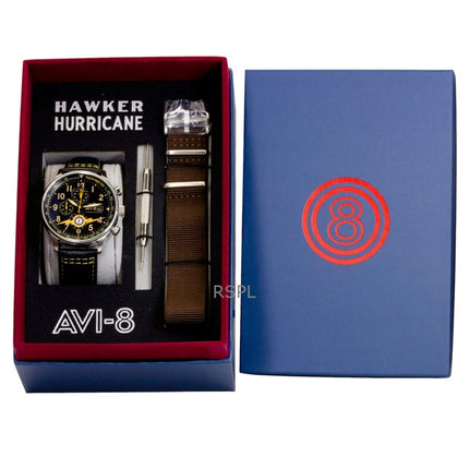 Montre homme AVI-8 Hawker Hurricane Classic Chronographe, bracelet en cuir, cadran noir, mouvement à quartz AV-4011-0Z, avec bracelet supplémentaire