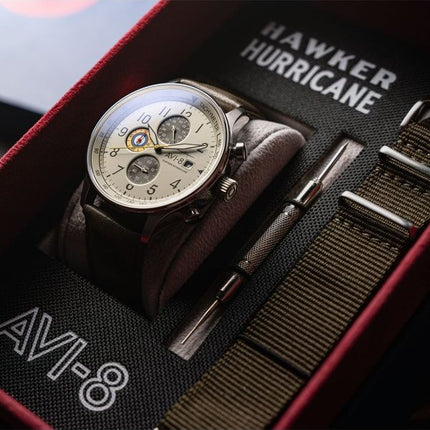 Montre chronographe classique AVI-8 Hawker Hurricane à quartz avec cadran kaki AV-4011-1B pour homme avec bracelet supplémentair