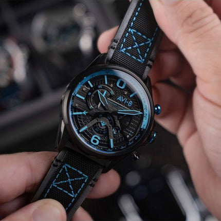 AVI-8 Hawker Hurricane Dual Chronographe rétrograde Storm Bracelet en cuir noir Cadran noir Quartz AV-4056-0A Montre pour homme