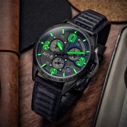 Montre Homme AVI-8 P-51 Mustang Blakeslee Chronograph Air Bracelet Cuir Bleu Cadran Gris Et Bleu Quartz AV-4077-04