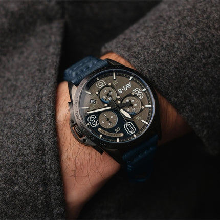 Montre Homme AVI-8 P-51 Mustang Blakeslee Chronograph Air Bracelet Cuir Bleu Cadran Gris Et Bleu Quartz AV-4077-04