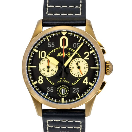 Montre homme AVI-8 Spitfire Lock Chronograph Void, bracelet en cuir noir, cadran noir, mouvement à quartz AV-4089-07