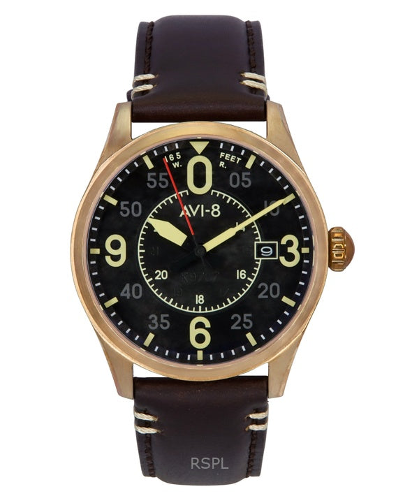 Montre automatique pour homme AVI-8 Spitfire Smith, bracelet en cuir marron, cadran noir, AV-4090-06