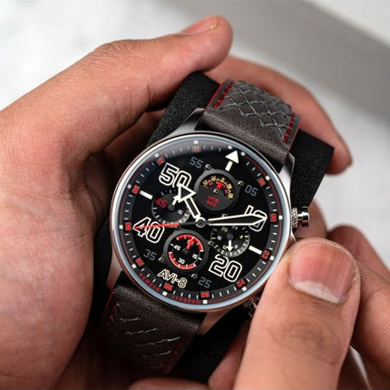 Montre chronographe AVI-8 Hawker Typhoon Coningham pour homme avec bracelet en cuir et cadran noir à quartz AV-4093-0A