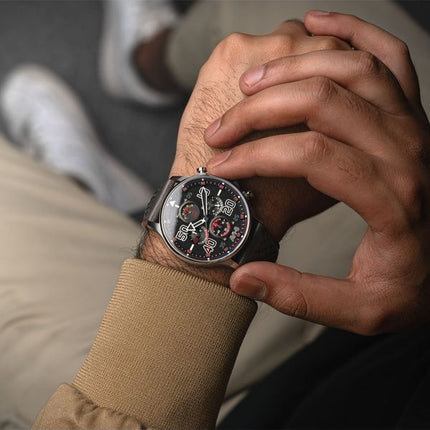 Montre chronographe AVI-8 Hawker Typhoon Coningham pour homme avec bracelet en cuir et cadran noir à quartz AV-4093-0A