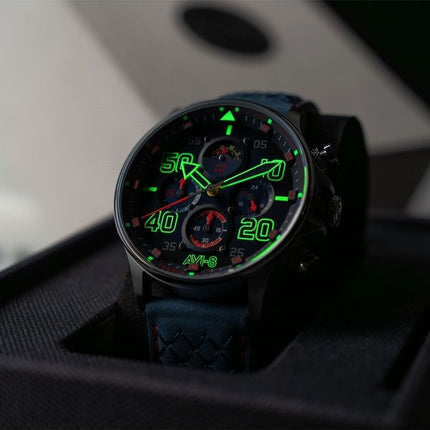 Montre chronographe AVI-8 Hawker Typhoon Coningham Rumbold avec bracelet en cuir et cadran bleu pour homme AV-4093-0C
