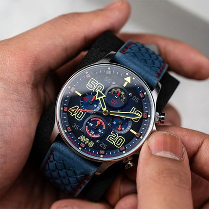 Montre chronographe AVI-8 Hawker Typhoon Coningham Rumbold avec bracelet en cuir et cadran bleu pour homme AV-4093-0C
