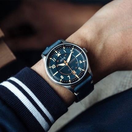 Montre automatique pour homme AVI-8 Hawker Hurricane Kent Sussex, bracelet en cuir, cadran bleu, automatique AV-4094-02