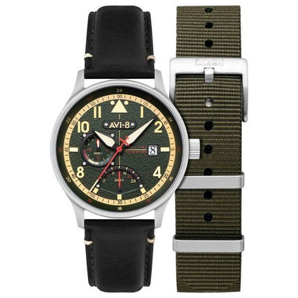 AVI-8 Hawker Hurricane Mckellar Dual Time Gothic Green Dial Quartz AV-4101-0A Montre pour homme avec bracelet supplémentaire