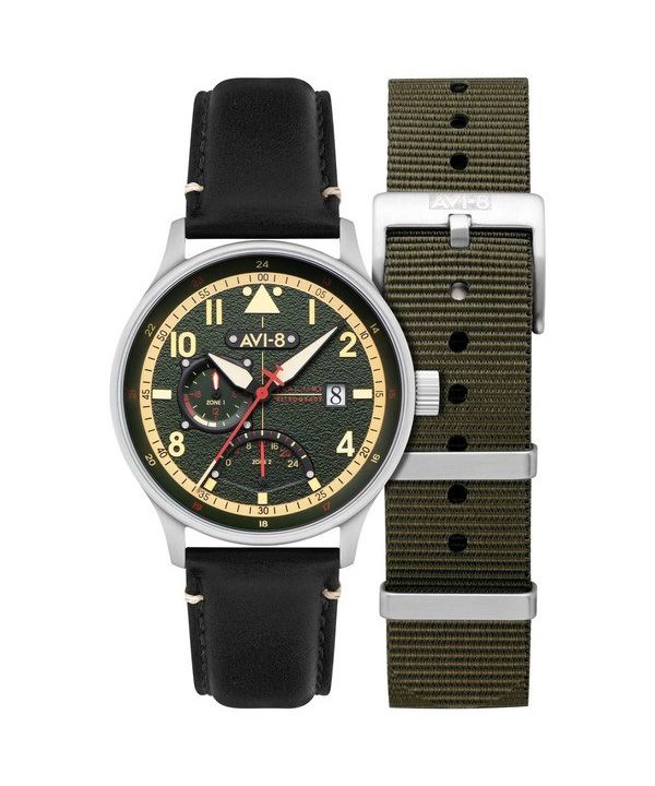 AVI-8 Hawker Hurricane Mckellar Dual Time Gothic Green Dial Quartz AV-4101-0A Montre pour homme avec bracelet supplémentaire