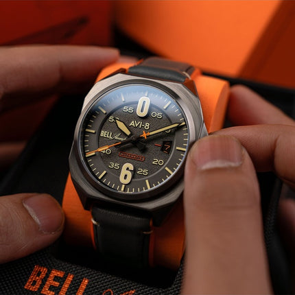 Montre automatique Bell X-1 Machbuster pour homme avec bracelet en cuir et cadran gris fer AV-4115-06