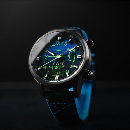 Montre automatique pour homme AVI-8 Hawker Harrier HUD avec bracelet en cuir et cadran bleu dégradé AV-4117-01