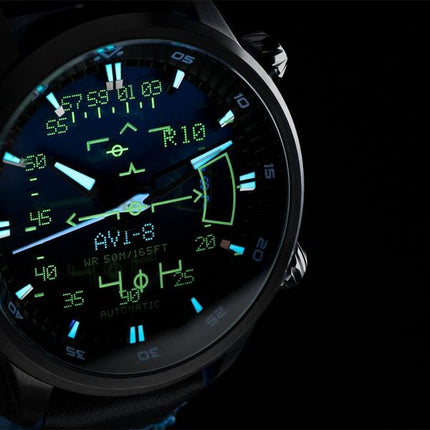Montre automatique pour homme AVI-8 Hawker Harrier HUD avec bracelet en cuir et cadran bleu dégradé AV-4117-01