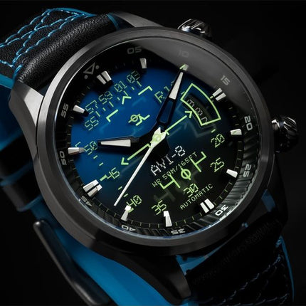 Montre automatique pour homme AVI-8 Hawker Harrier HUD avec bracelet en cuir et cadran bleu dégradé AV-4117-01