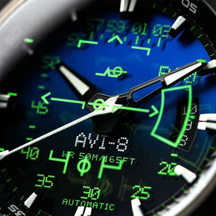 Montre automatique pour homme AVI-8 Hawker Harrier HUD avec bracelet en cuir et cadran bleu dégradé AV-4117-01