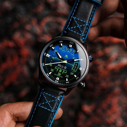 Montre automatique pour homme AVI-8 Hawker Harrier HUD avec bracelet en cuir et cadran bleu dégradé AV-4117-01