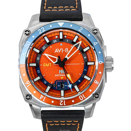 Montre automatique pour homme AVI-8 Hawker Hunter Atlas GMT, bracelet en cuir rouge orangé, cadran orange, AV-4122-06