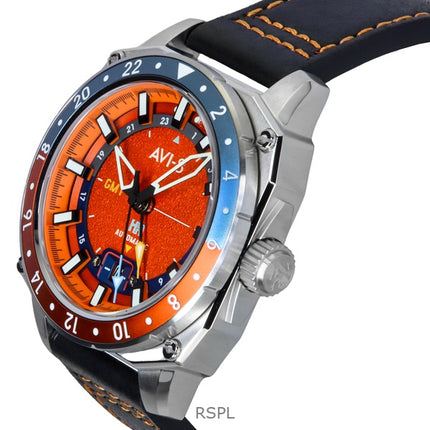 Montre automatique pour homme AVI-8 Hawker Hunter Atlas GMT, bracelet en cuir rouge orangé, cadran orange, AV-4122-06