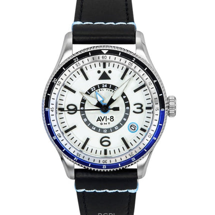 Montre automatique pour homme AVI-8 Flyboy Airmaster GMT avec bracelet en cuir et cadran blanc AV-4128-02
