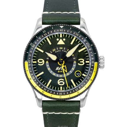 Montre automatique pour homme AVI-8 Flyboy Airmaster GMT Fuselage, bracelet en cuir vert, cadran vert, AV-4128-03