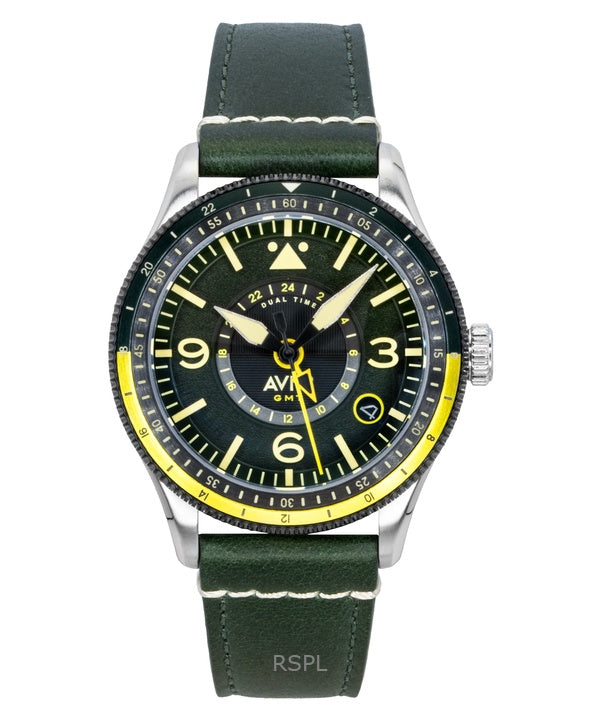 Montre automatique pour homme AVI-8 Flyboy Airmaster GMT Fuselage, bracelet en cuir vert, cadran vert, AV-4128-03