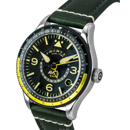 Montre automatique pour homme AVI-8 Flyboy Airmaster GMT Fuselage, bracelet en cuir vert, cadran vert, AV-4128-03