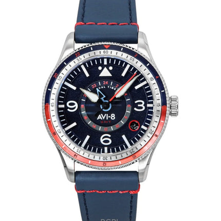 Montre automatique pour homme AVI-8 Flyboy Airmaster GMT avec bracelet en cuir bleu et cadran bleu AV-4128-04
