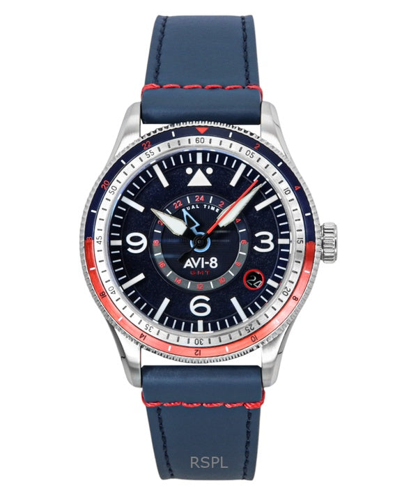 Montre automatique pour homme AVI-8 Flyboy Airmaster GMT avec bracelet en cuir bleu et cadran bleu AV-4128-04