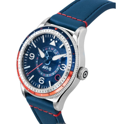 Montre automatique pour homme AVI-8 Flyboy Airmaster GMT avec bracelet en cuir bleu et cadran bleu AV-4128-04