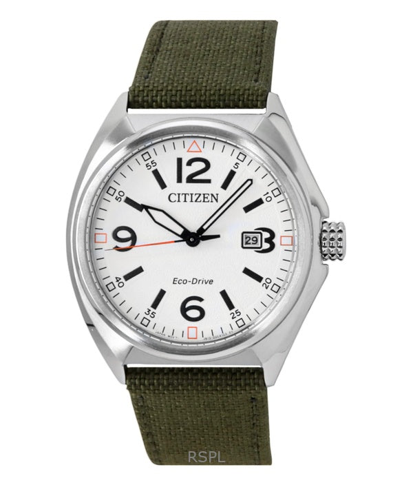 Montre homme Citizen Eco-Drive AW1571-09A, bracelet en nylon vert, cadran blanc, 100 m