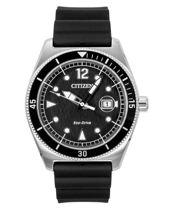 Montre homme Citizen Eco-Drive AW1889-00E, bracelet en caoutchouc noir, cadran noir, solaire, étanche à 100 m