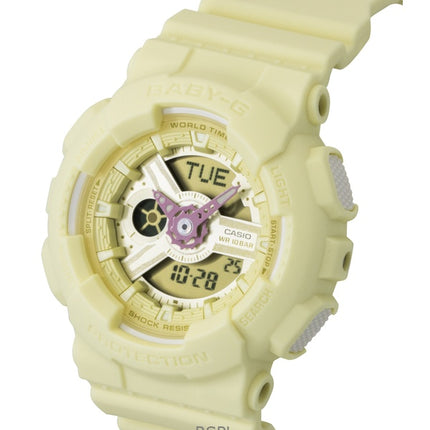 Montre Casio Baby-G analogique-numérique, bracelet en résine, cadran jaune, mouvement à quartz BA-110AH-9A, étanche à 100 m, pour femme
