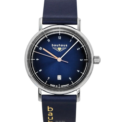 Montre femme Bauhaus Classic 21413, bracelet en cuir, cadran bleu foncé, quartz