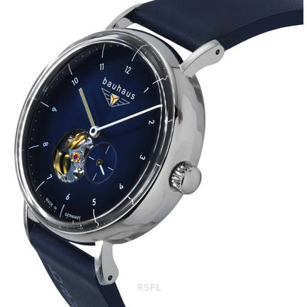 Montre homme Bauhaus Classic avec bracelet en cuir bleu et cadran bleu foncé à cœur ouvert automatique 21663