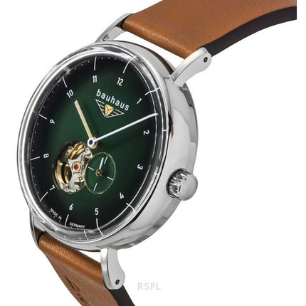 Montre homme Bauhaus Classic avec bracelet en cuir vert foncé et cadran ouvert en forme de cœur automatique 21664
