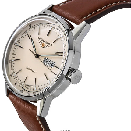 Montre Bauhaus Aviation pour homme avec bracelet en cuir et cadran beige, automatique 23665 100M