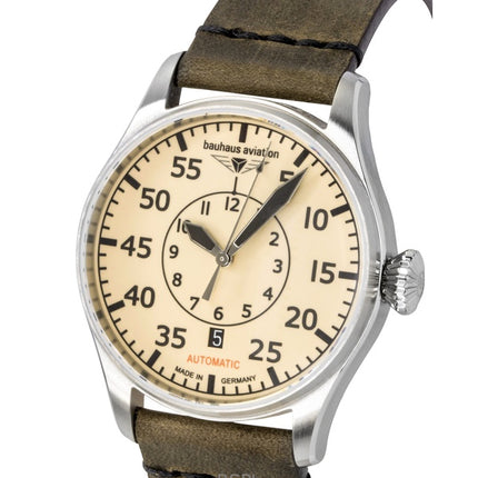 Montre homme Bauhaus Aviation 27565, bracelet en cuir, cadran beige, automatique