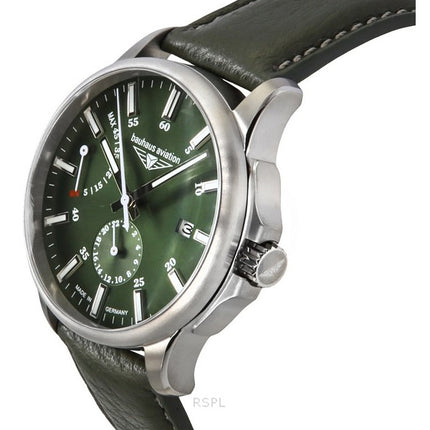 Montre Bauhaus Aviation pour homme avec bracelet en cuir vert et cadran vert foncé, automatique, 28604 100M