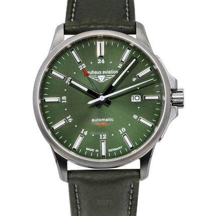 Montre Bauhaus Aviation GMT pour homme avec bracelet en cuir vert et cadran vert foncé, automatique, 28684, 100 m