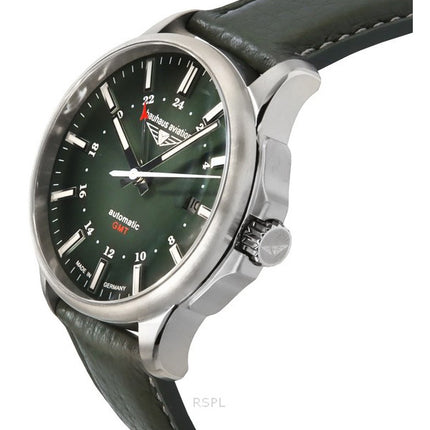 Montre Bauhaus Aviation GMT pour homme avec bracelet en cuir vert et cadran vert foncé, automatique, 28684, 100 m