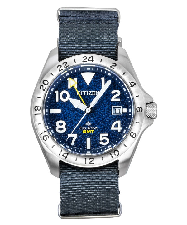Montre homme Citizen Promaster Land GMT analogique, bracelet en nylon gris, cadran bleu marine, Eco-Drive BJ7150-09L, étanche à 200 m