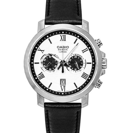 Montre homme Casio Beside Chronographe Analogique Bracelet Cuir Cadran Blanc Quartz BMS-500L-7A