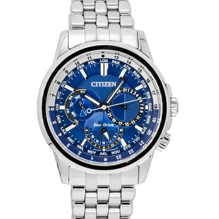 Montre homme Citizen Calendrier Heure Mondiale, boîtier en acier inoxydable, cadran bleu, Eco-Drive BU2021-51L, étanche à 100 m