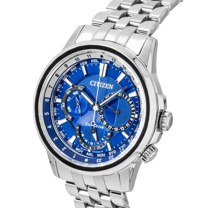 Montre homme Citizen Calendrier Heure Mondiale, boîtier en acier inoxydable, cadran bleu, Eco-Drive BU2021-51L, étanche à 100 m