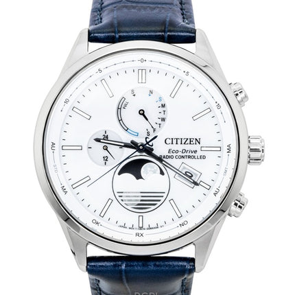 Montre homme Citizen Eco-Drive BY1030-09A, bracelet en cuir, cadran blanc, radiocommandée, étanche à 100 m