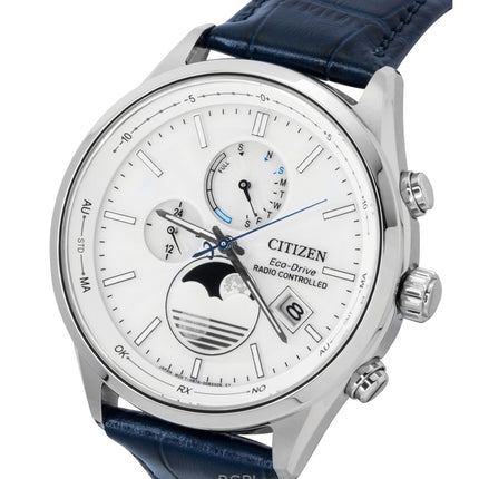 Montre homme Citizen Eco-Drive BY1030-09A, bracelet en cuir, cadran blanc, radiocommandée, étanche à 100 m